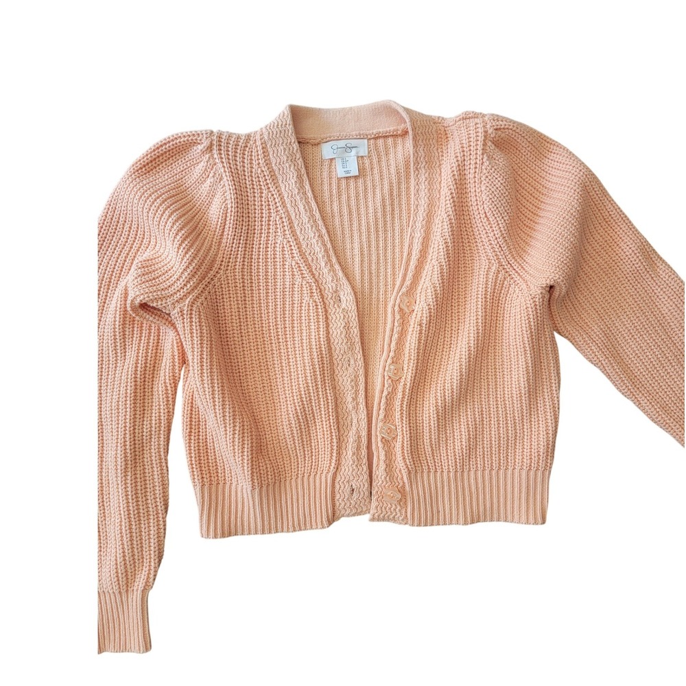 Jessica Simpson Peach Chunky Rib Knit Puff Sleeve Cardigan‎ Sweater Small